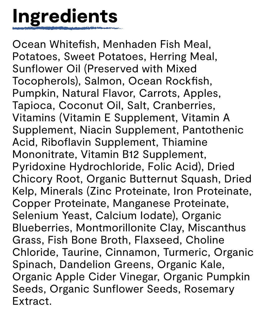 Ingredients list for Open Farm RawMix Wild Ocean Grain Free Dry Dog Food.