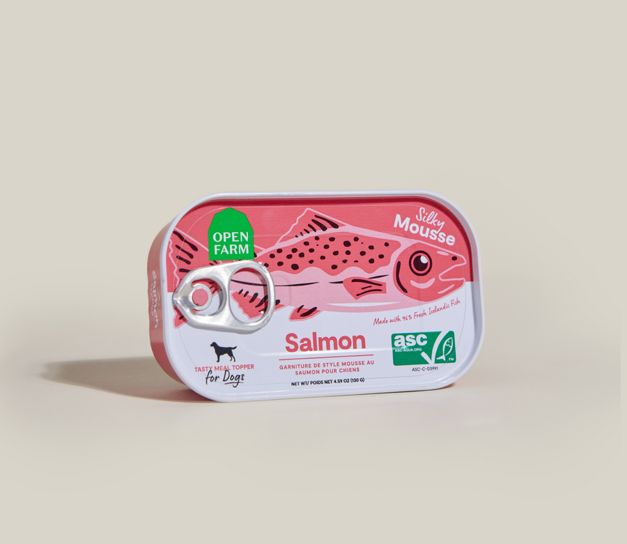 Open Farm Silky Mousse Salmon Dog Topper front of can.