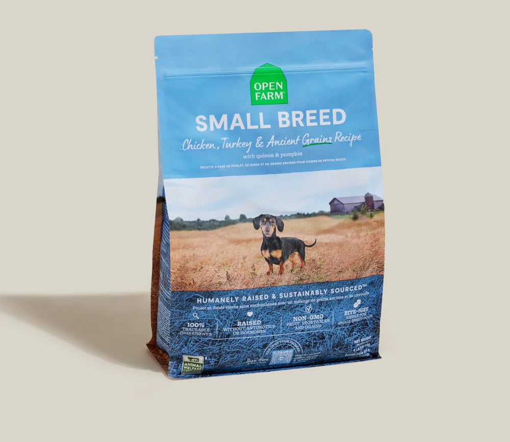 Open Farm Small Breed Ancient Grains Dry Dog Food front of bag.