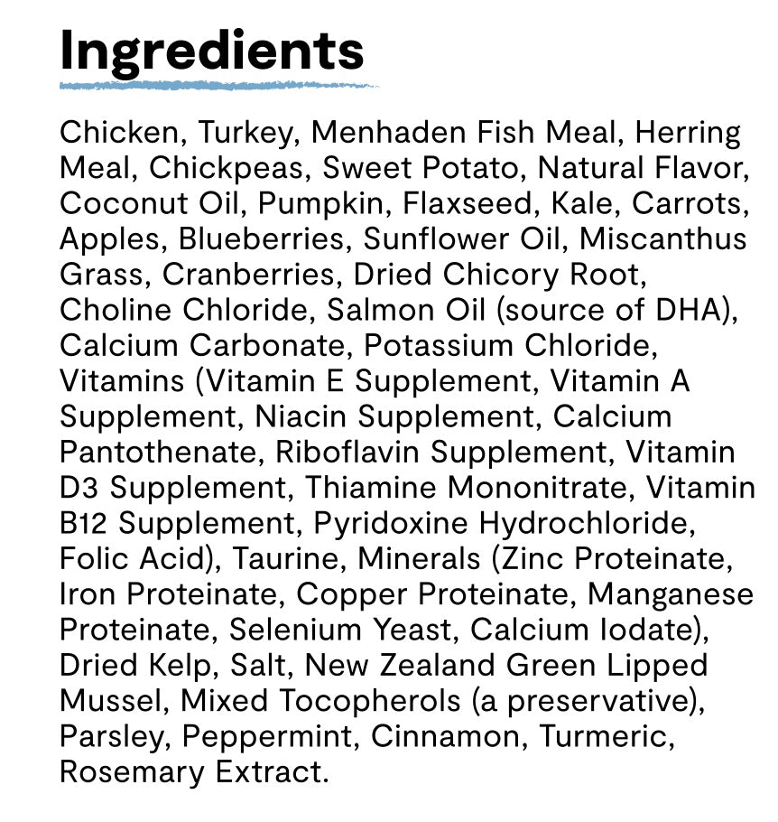 Ingredients list for Open Farm Small Breed Grain Free Dry Dog Food.