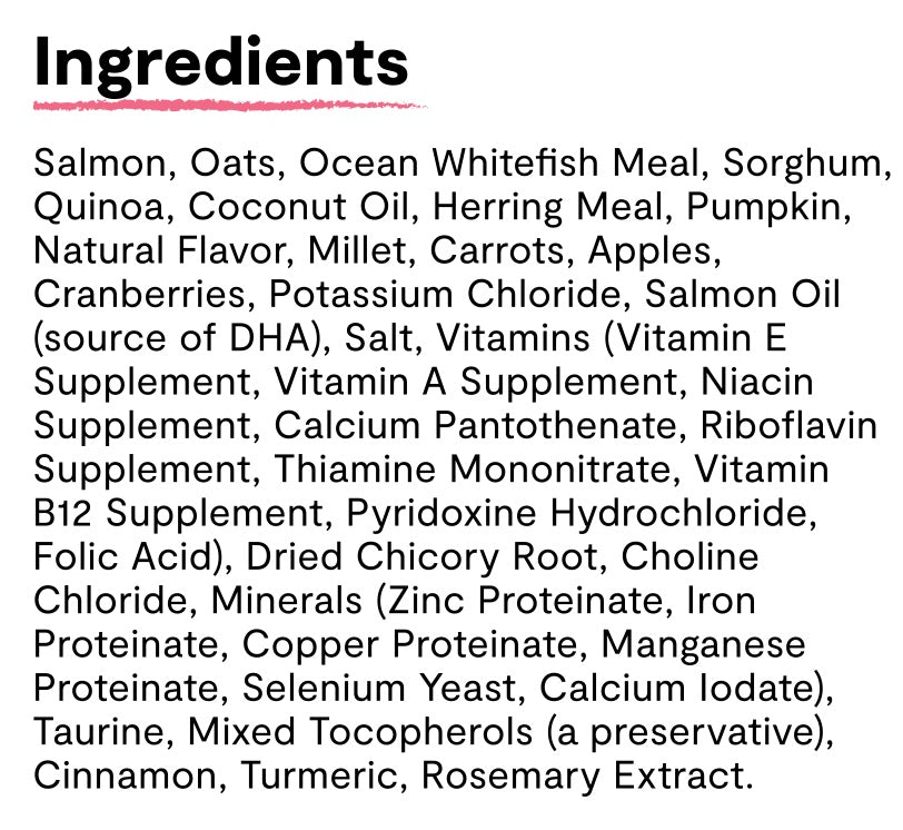 Ingredients list for Open Farm Wild Caught Salmon & Ancient Grains Dry Dog Food.