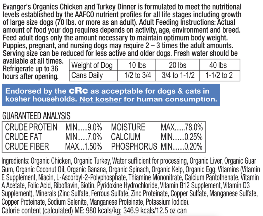 Evanger's Organics Chicken & Turkey Dinner Canned Dog Food