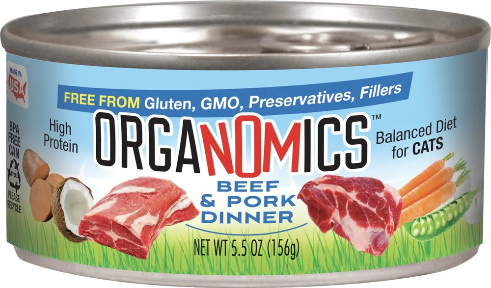 Front can of Organomics Beef & Pork Dinner Canned Cat Food 5.5oz