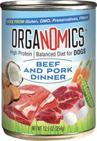 Front can of Organomics Beef & Pork Dinner Canned Dogs Food 12.5oz