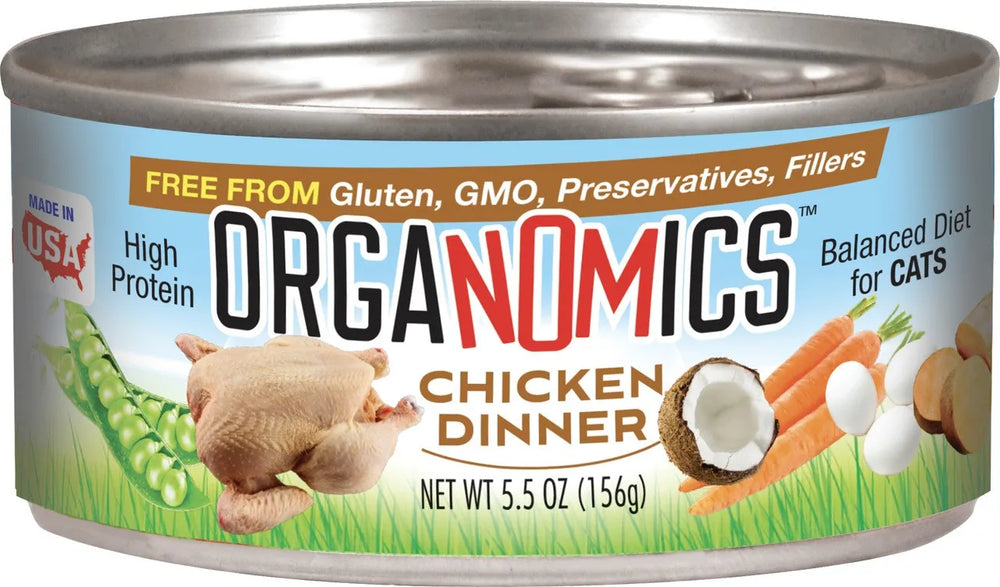 Front can of Organomics Chicken Dinner Canned Cat Food 5.5oz