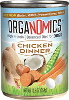 Front can of Organomics Chicken Dinner Canned Dogs Food 12.5oz