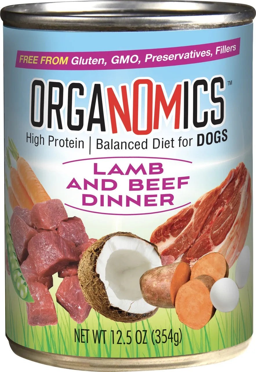 Front can of Organomics Lamb & Beef Dinner Canned Dogs Food 12.5oz