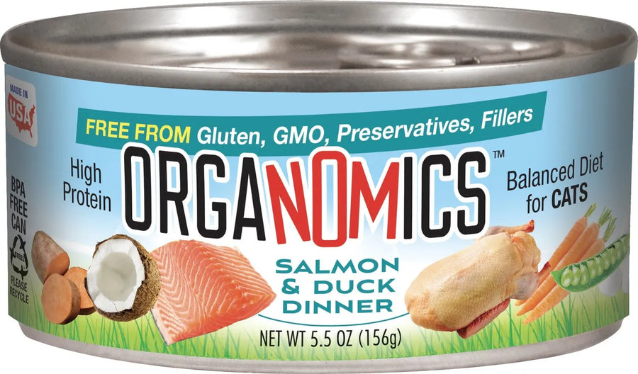 Front can of Organomics Salmon & Duck Dinner Canned Cat Food 5.5oz