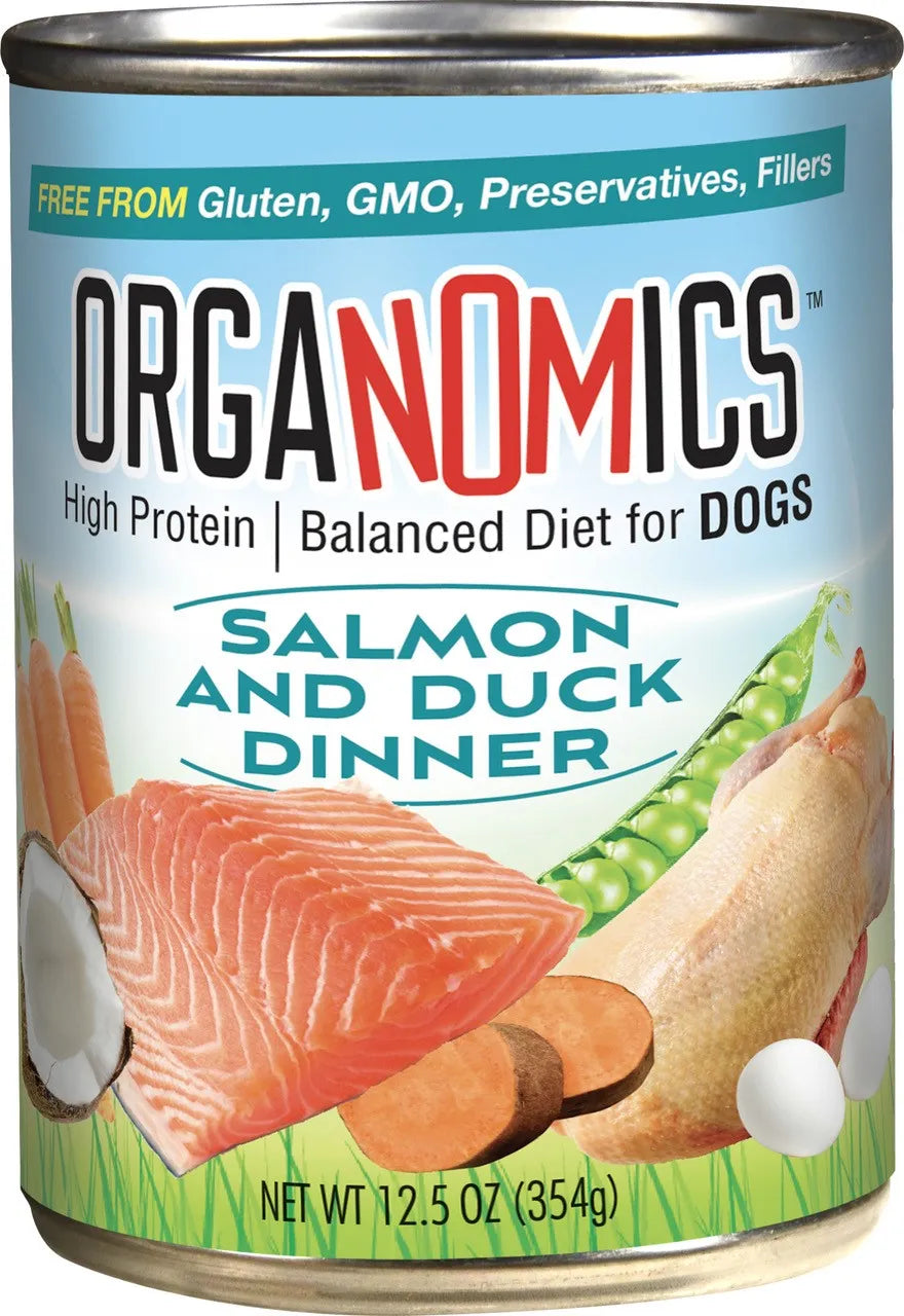 Front can of Organomics Salmon & Duck Dinner Canned Dogs Food 12.5oz