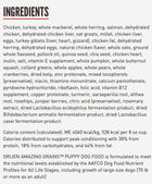 Ingredients for Orijen Amazing Grains Puppy Formula Dry Dog Food.