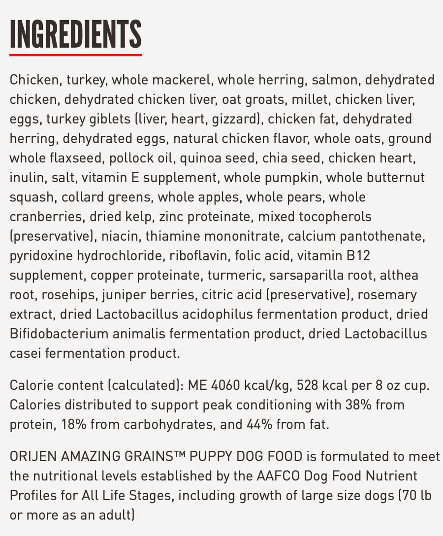 Ingredients for Orijen Amazing Grains Puppy Formula Dry Dog Food.