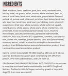 Ingredients for Orijen Amazing Grains Regional Red Formula Dry Dog Food.