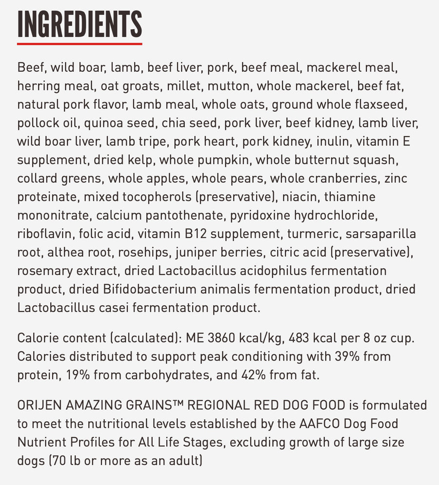 Ingredients for Orijen Amazing Grains Regional Red Formula Dry Dog Food.