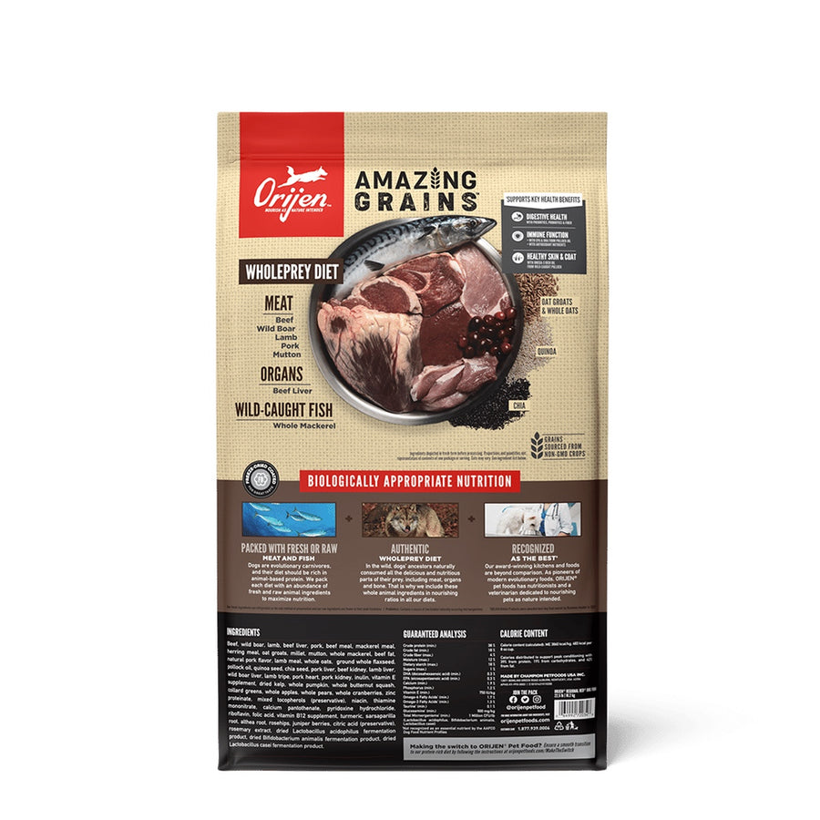 Orijen Amazing Grains Regional Red Formula Dry Dog Food back of bag.
