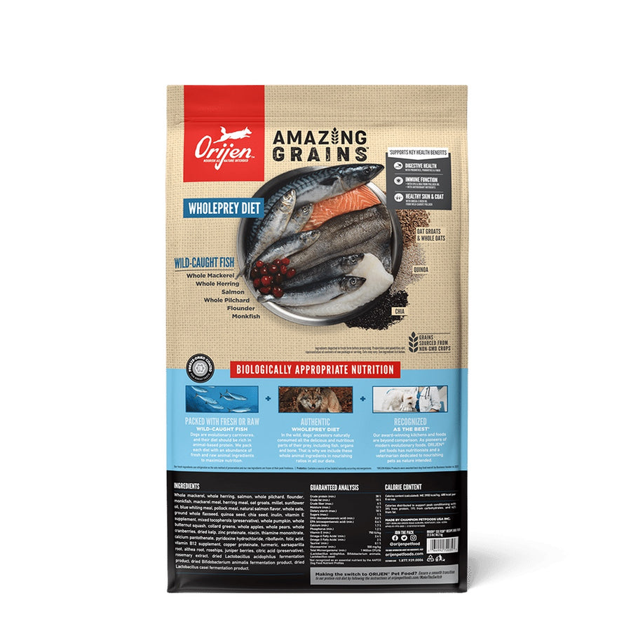 Orijen Amazing Grains Six Fish Formula Dry Dog Food back of bag.