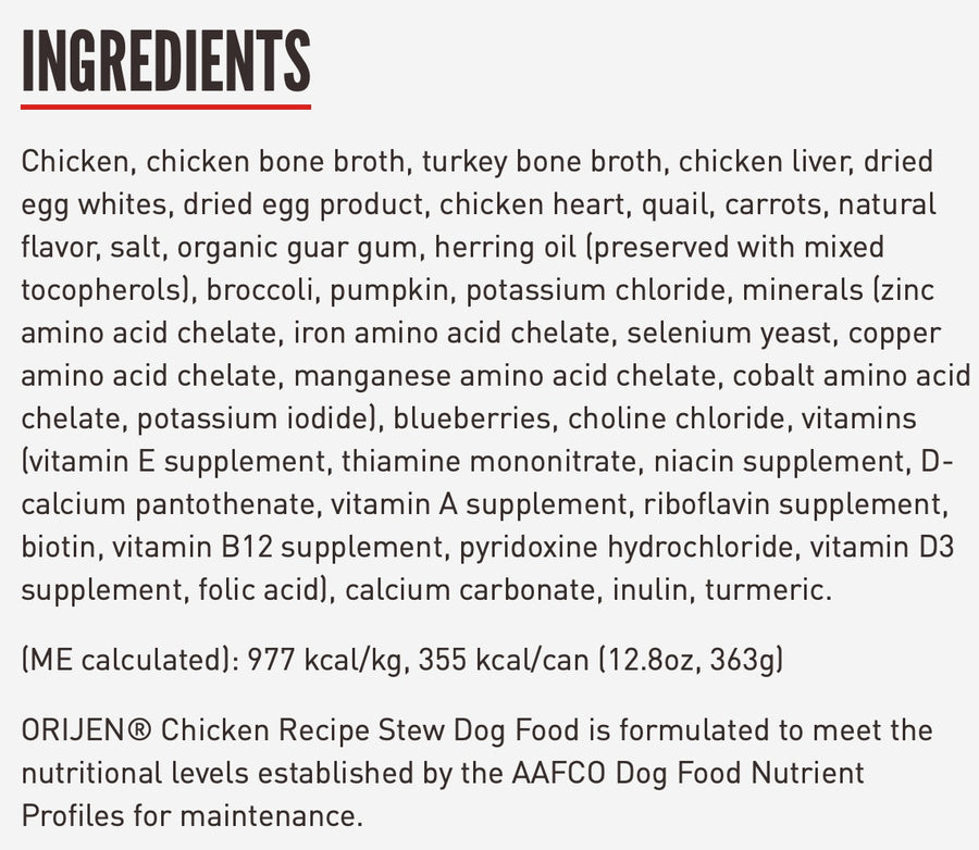 Ingredients for Orijen Premium Chicken Stew Recipe with Shredded Chicken & Eggs Canned Dog Food.