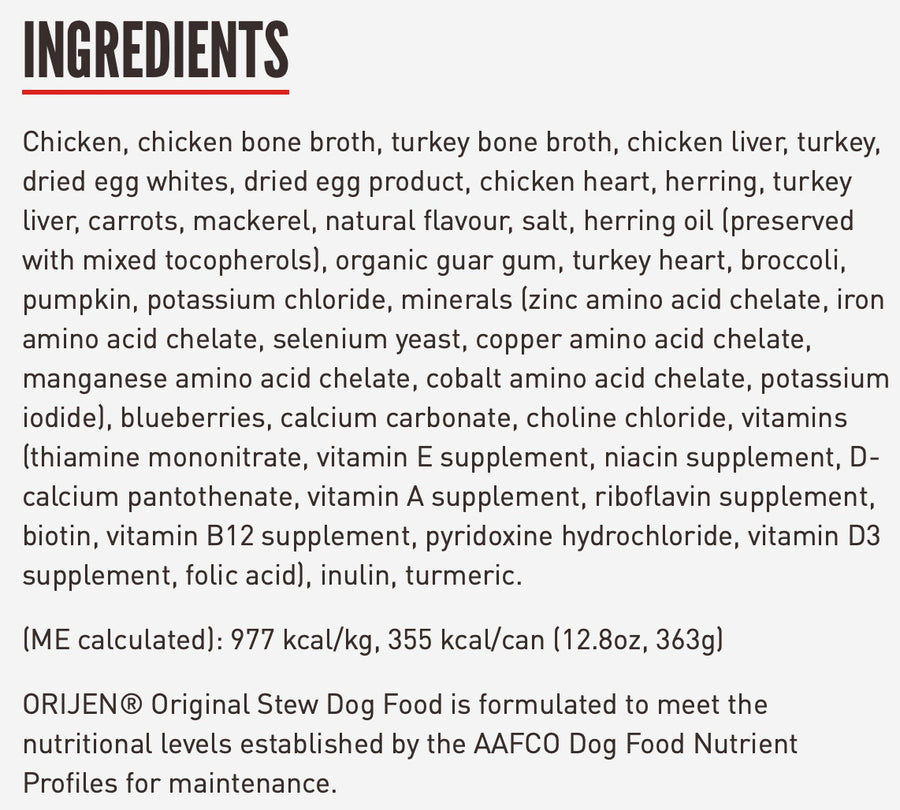 Ingredients for Orijen Premium Original Chicken,Turkey & Eggs Stew Recipe Canned Dog Food.
