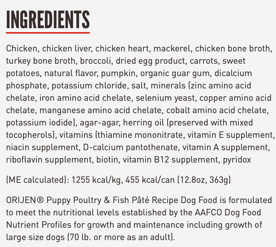 Ingredients for Orijen Premium Puppy Poultry & Fish Pate Canned Dog Food.
