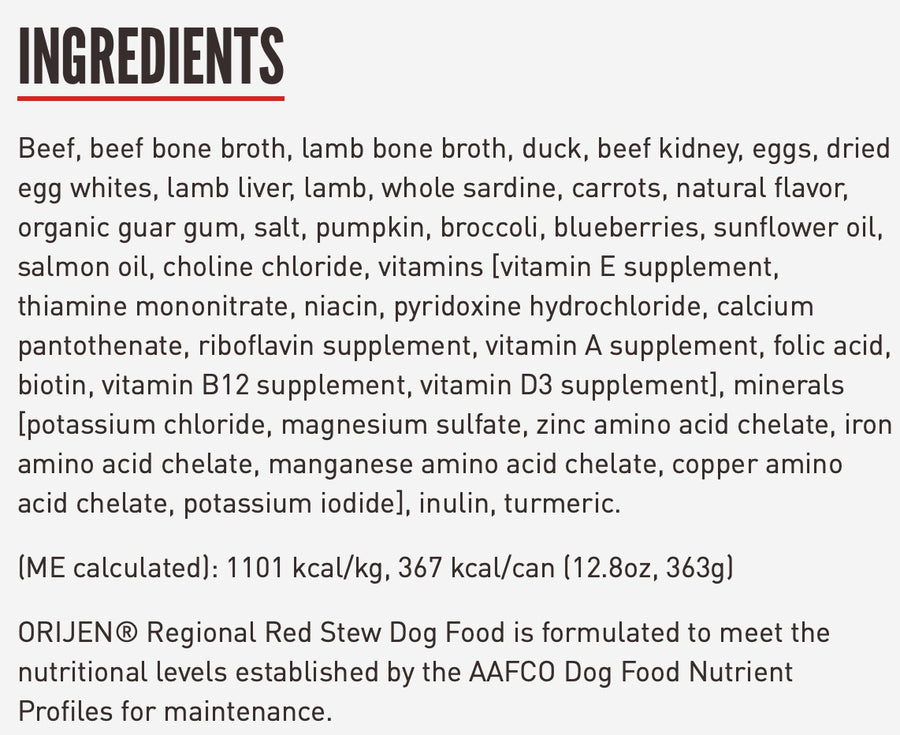 Ingredients for Orijen Premium Regional Red with Shredded Beef & Lamb Stew Recipe Canned Dog Food.