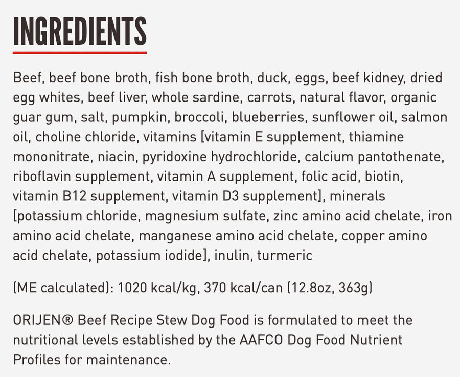 Ingredients for Orijen Premium Shredded Beef & Eggs Stew Recipe Canned Dog Food.