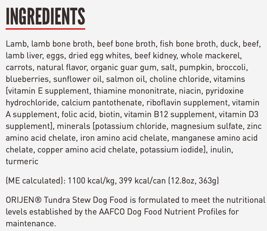 Ingredients for Orijen Premium Tundra Stew Recipe with Shredded Beef, Duck & Lamb Canned Dog Food.