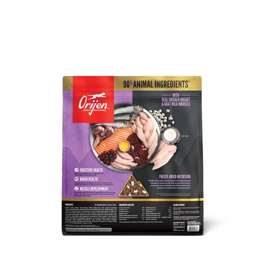 Back Packaging of Orijen Wild Reserve Chicken and Fish Kitten Recipe Dry Food 3.5 lbs
