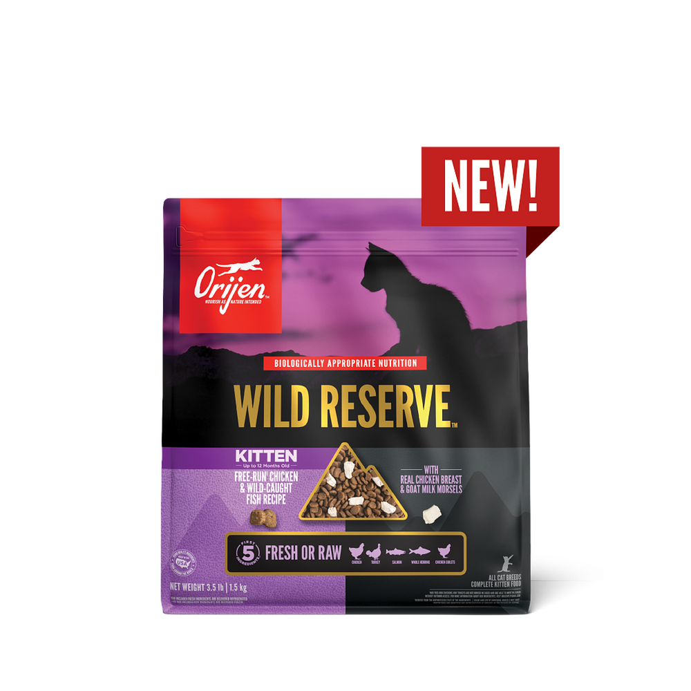Front Packaging New Look of Orijen Wild Reserve Chicken and Fish Kitten Recipe Dry Food  3.5 lb