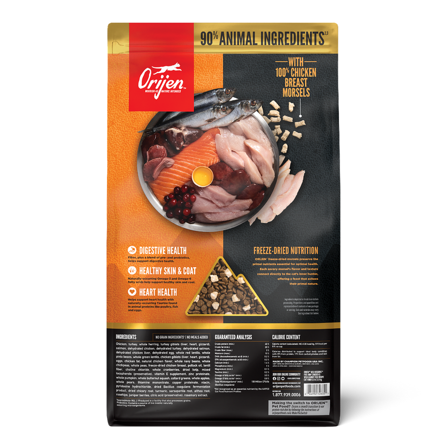 Back packaging of Orijen Wild Reserve Free-Run Chicken & Wild-Caught Fish Recipe Dry Cat Food 6.5 lbs