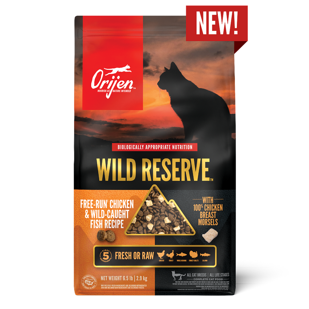 Front Packaging of Orijen Wild Reserve Free-Run Chicken & Wild-Caught Fish Recipe Dry Cat Food 6.5 lbs