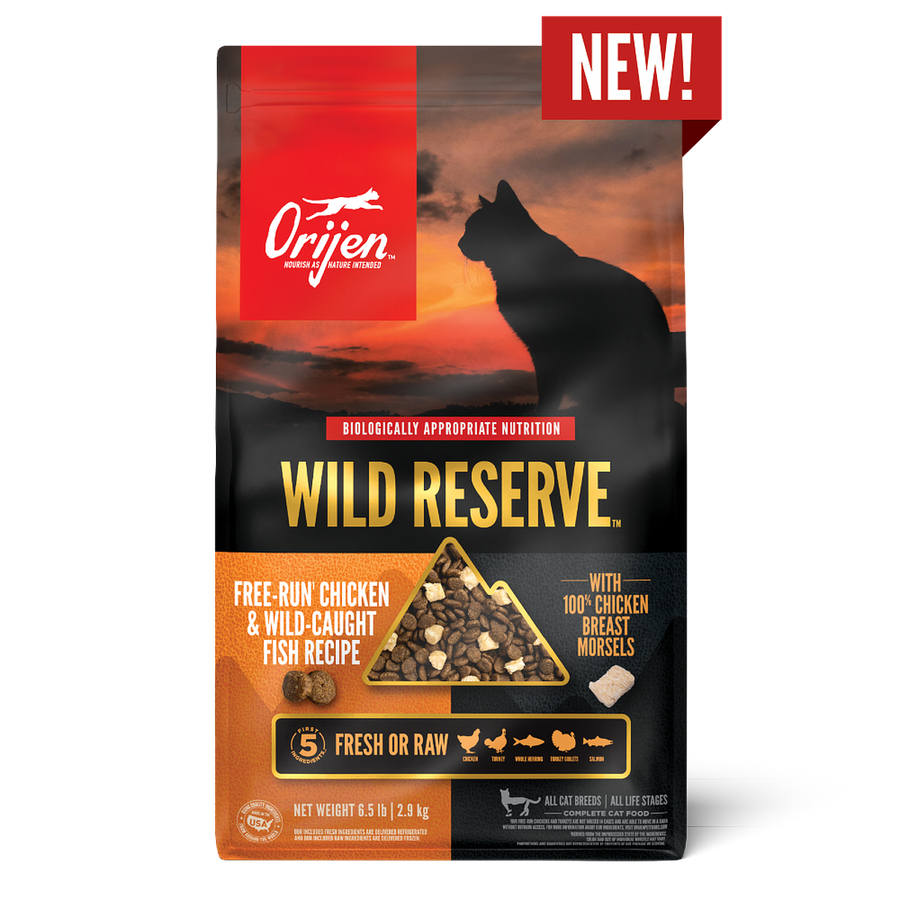Front Packaging of Orijen Wild Reserve Free-Run Chicken & Wild-Caught Fish Recipe Dry Cat Food 6.5 lbs