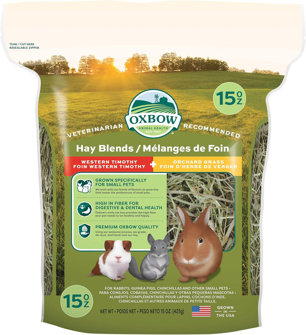 Front bag of Oxbow Animal Health Hay Blends Western Timothy & Orchard 15oz
