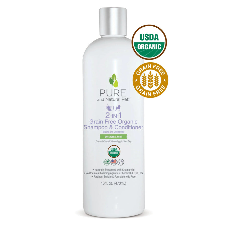 Front bottle of PURE and Natural Pet 2-in-1 Organic Grain-Free Lavender & Mint Scent Shampoo & Conditioner 16 fl.oz