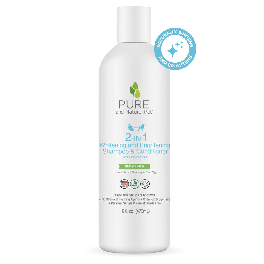 Front bottle of PURE and Natural Pet 2-in-1 Whitening & Brightening Shampoo & Conditioner 16 fl.oz