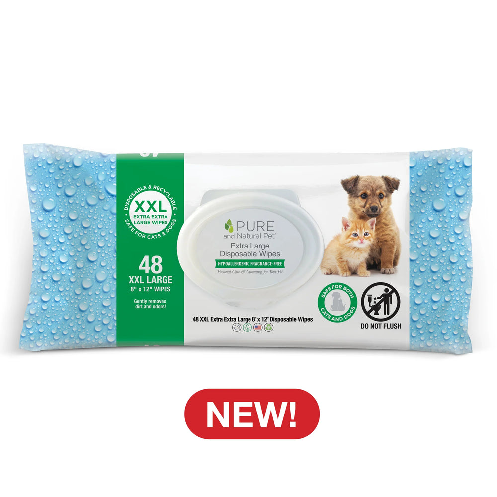 Front Packaging of PURE and Natural Pet Extra Extra Large Disposable Hypoallergenic Fragrance-Free Wipes 48 XXL Large