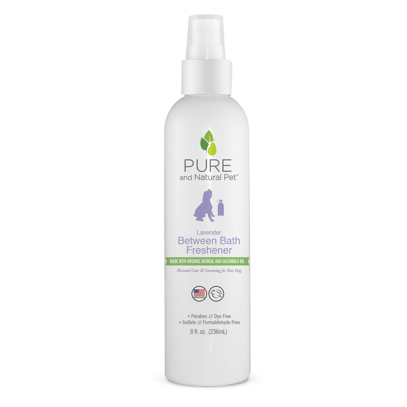 Front of bottle of PURE and Natural Pet Fresh Lavender Scented Between Bath Freshener For Dogs