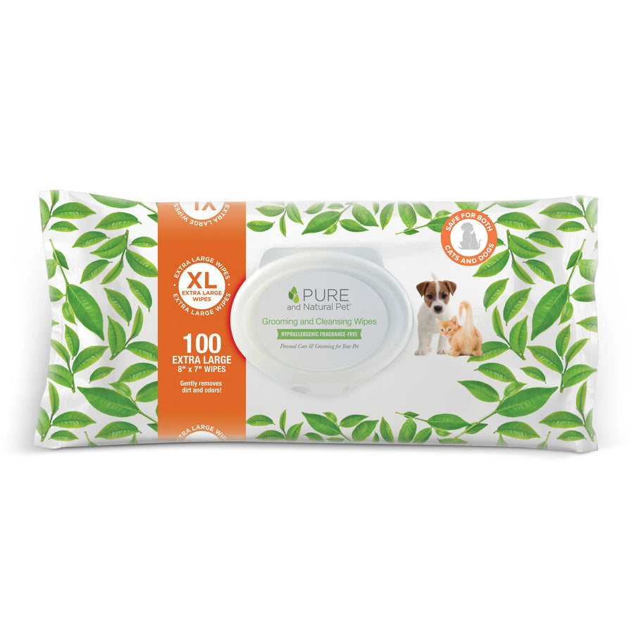 Front Packaging of PURE and Natural Pet Grooming and Cleansing Fragrance-Free Wipes 100 Extra Large