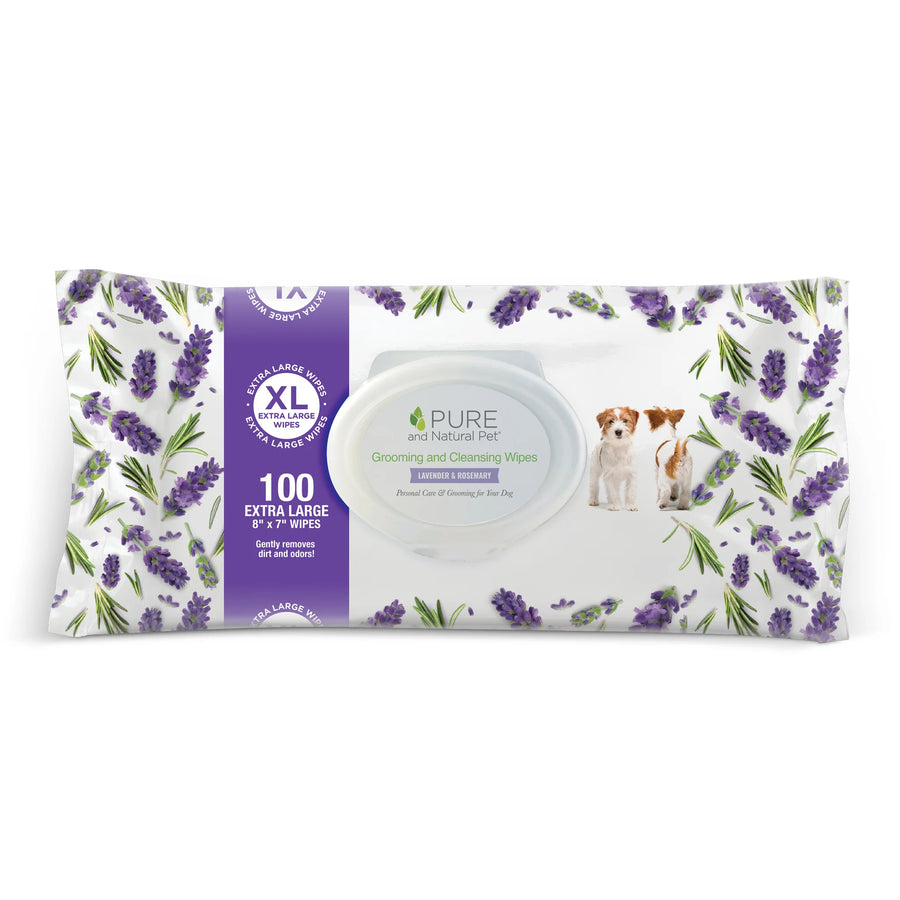 Front Packaging of PURE and Natural Pet Grooming and Cleansing Lavender and Rosemary Wipes 100 Extra Large 