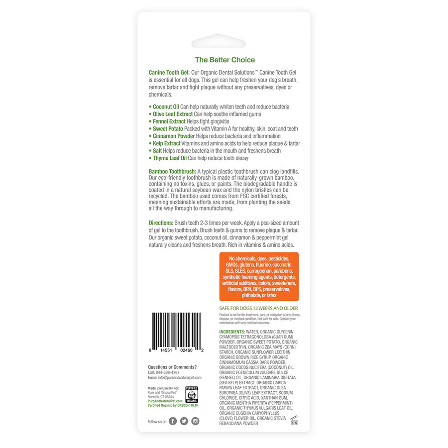 Back Packaging of PURE and Natural Pet Organic Dental Kit for Small Dogs