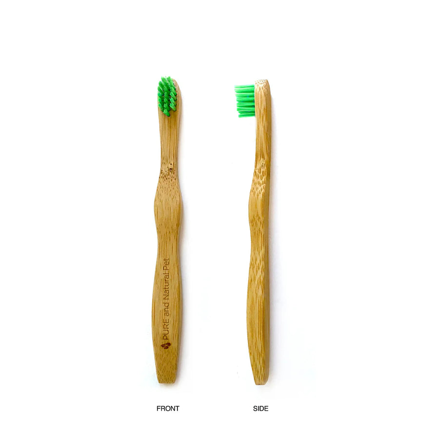 An eco-friendly toothbrush made of naturally grown bamboo containing no toxins, glues, or paints. Front & Side view of Small Tootbrush