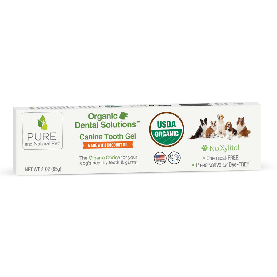 Front Packaging of PURE and Natural Pet Organic Dental Solutions Tooth Gel for Dogs 3oz
