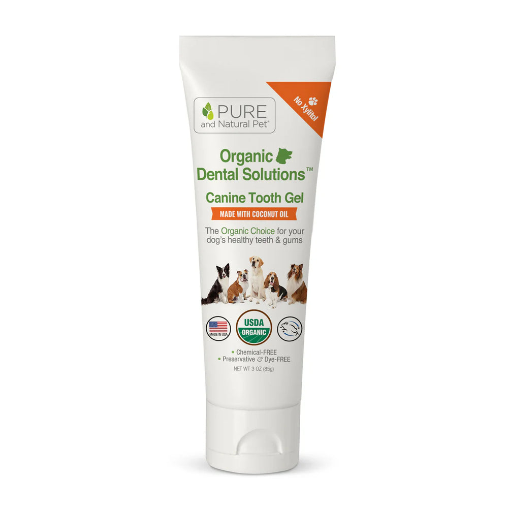 Front bottle of PURE and Natural Pet Organic Dental Solutions Tooth Gel for Dogs 3oz