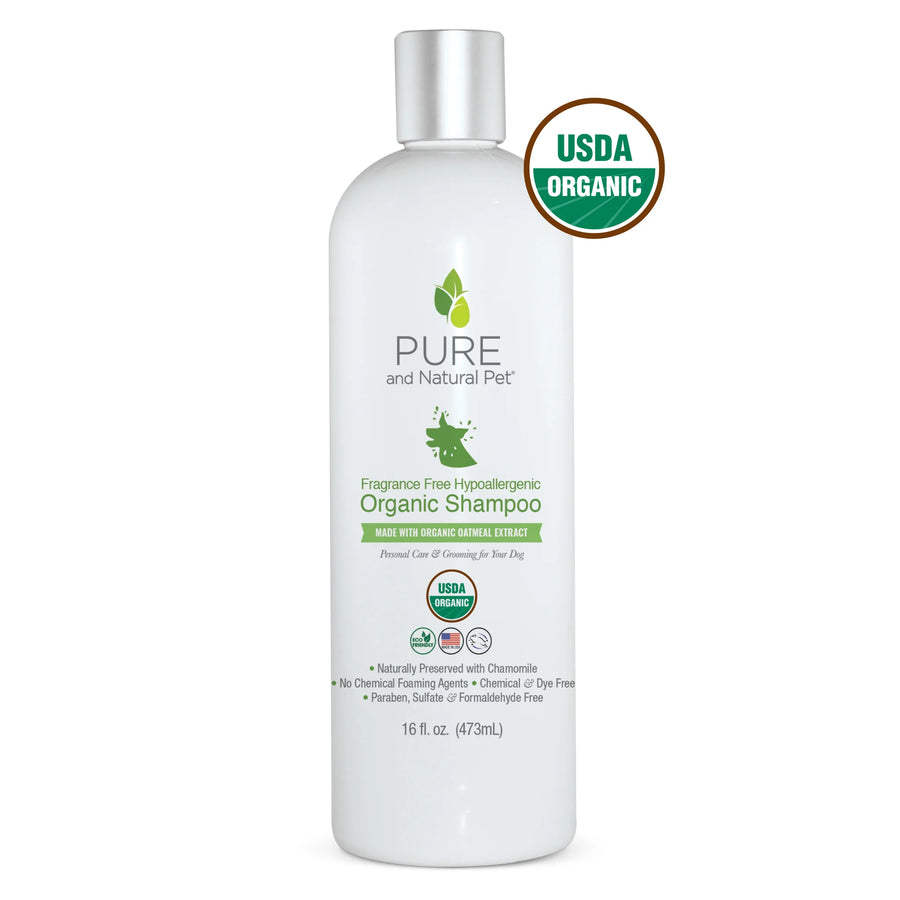 Front bottle of PURE and Natural Pet Organic Fragrance Free Hypoallergenic Shampoo 16 fl.oz