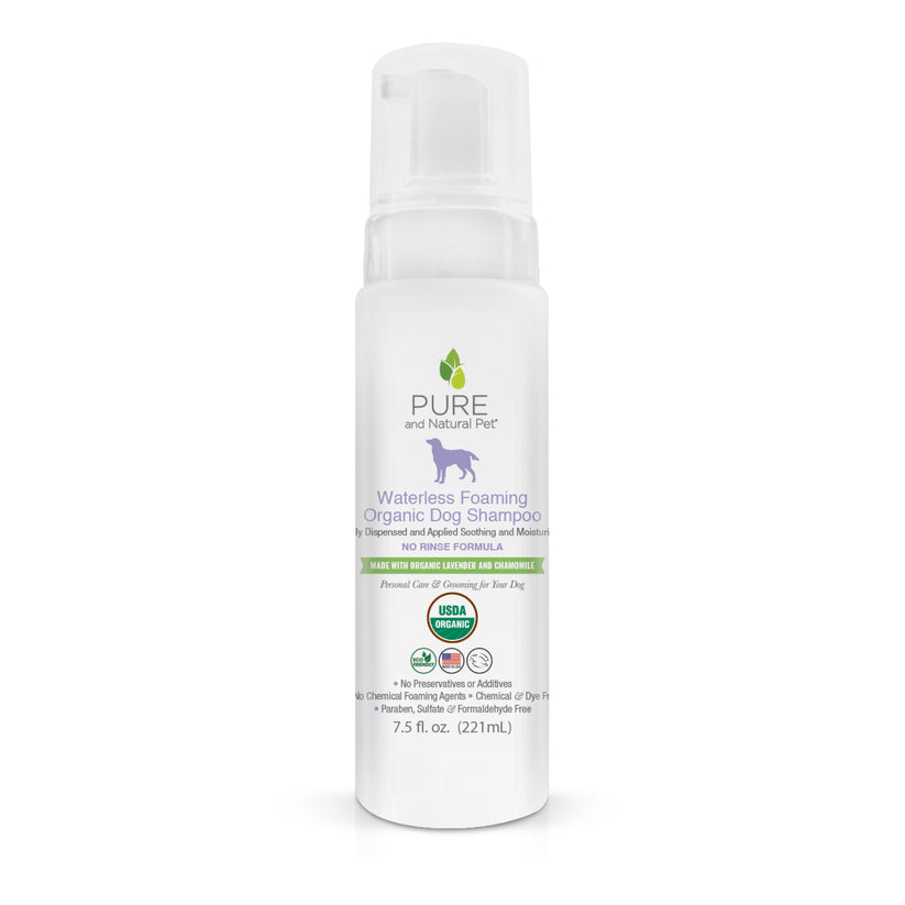 Front of bottle of PURE and Natural Pet Organic Waterless Foaming Shampoo 221 ml