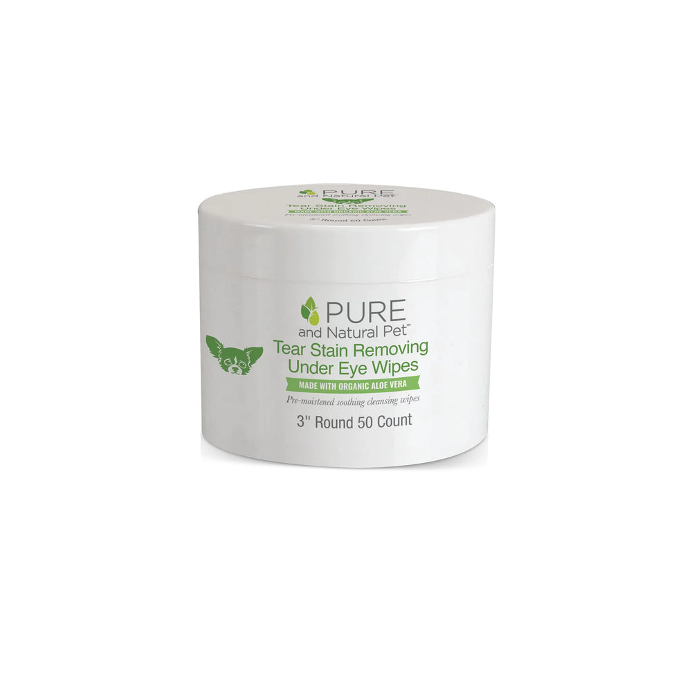 Front Container of PURE and Natural Pet Tear Stain Removing Under Eye Wipes 3 inches 50 count Container