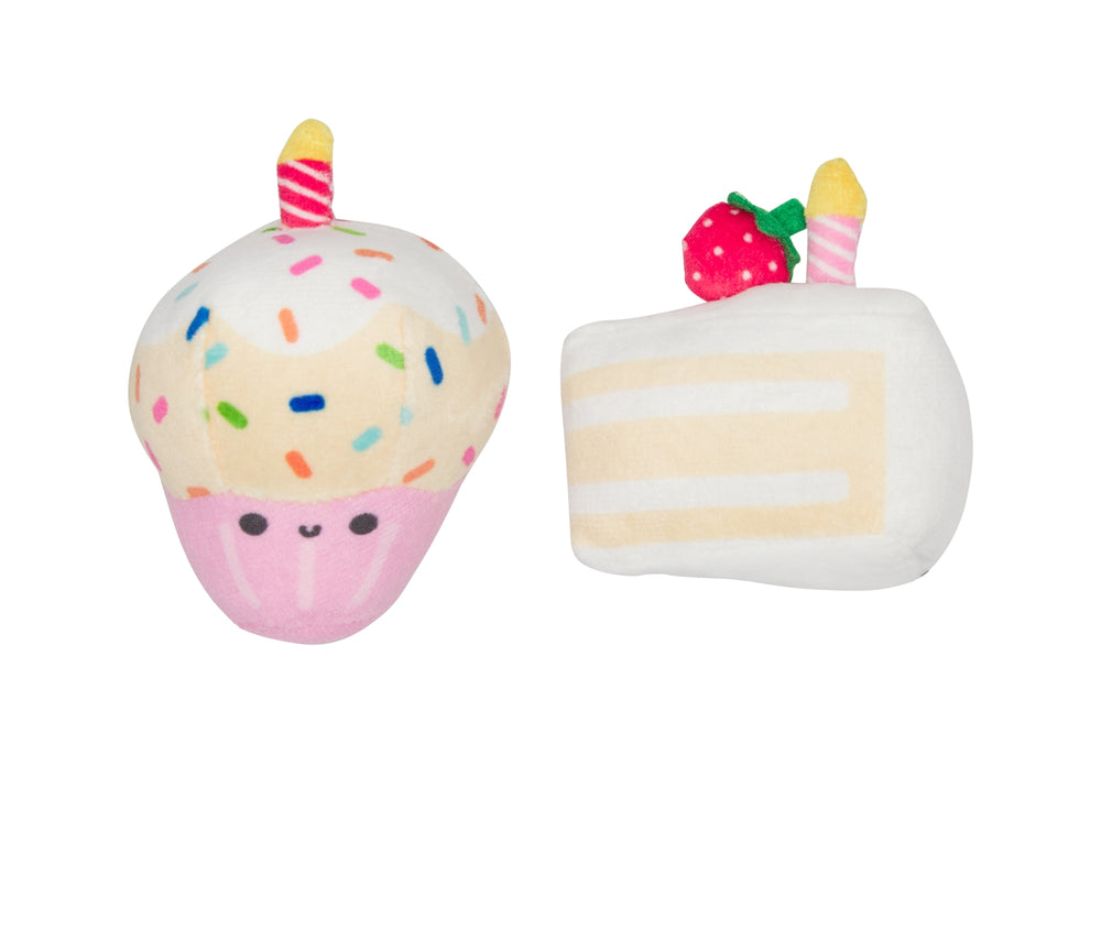Pearhead Birthday Cake Cat Toy Set, Cupcake wirh sprinkles and candle and a sliced cake with strawberry and candle toppers