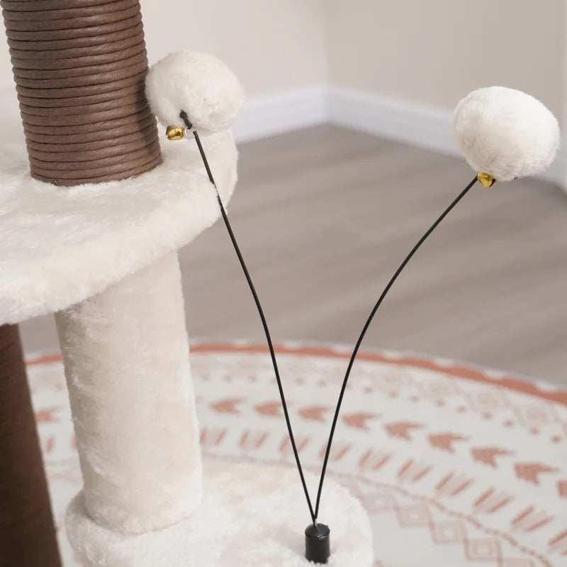 Close Up detail of teaser toys attached to PetPals Quartz 5 Level Eco-Friendly Cat Tree that will provide your cats endless entertainment.