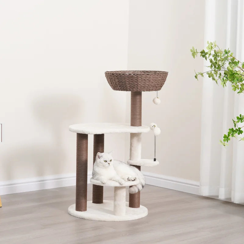 Full View of PetPals Quartz 5 Level Eco-Friendly Cat Tree. This Boho chic cat tower boasts four plush levels and a handwoven recycled paper rope basket with a removable cushion for easy cleaning.