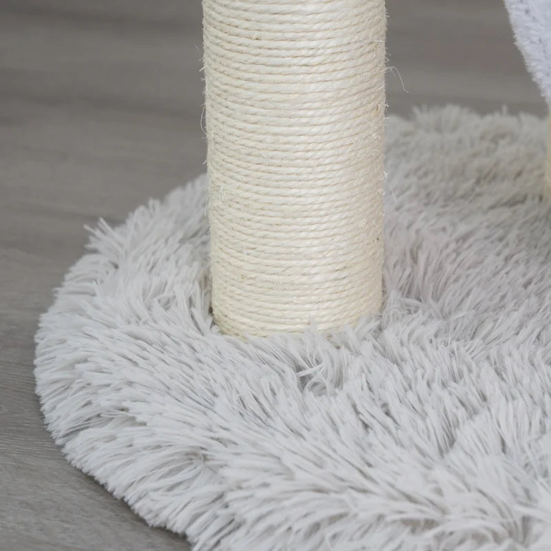 Close Up Detail of PetPals Rockview 2-Level Multi-Activity Cat Tree. This modern-designed cat scratcher includes two engaging teaser toys for your cat to enjoy hours of playtime. 