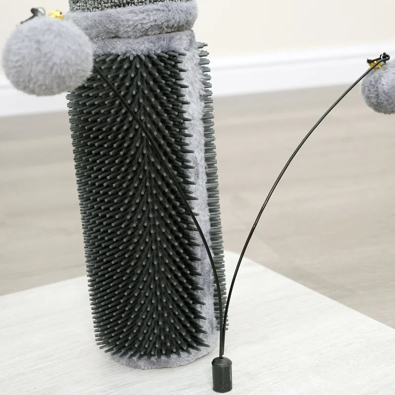 PetPals Urbane Cat Scratcher features a relaxing rubber grooming brush for your cat to enjoy a full-body massage and a durable grey laminated wood base that will be the perfect