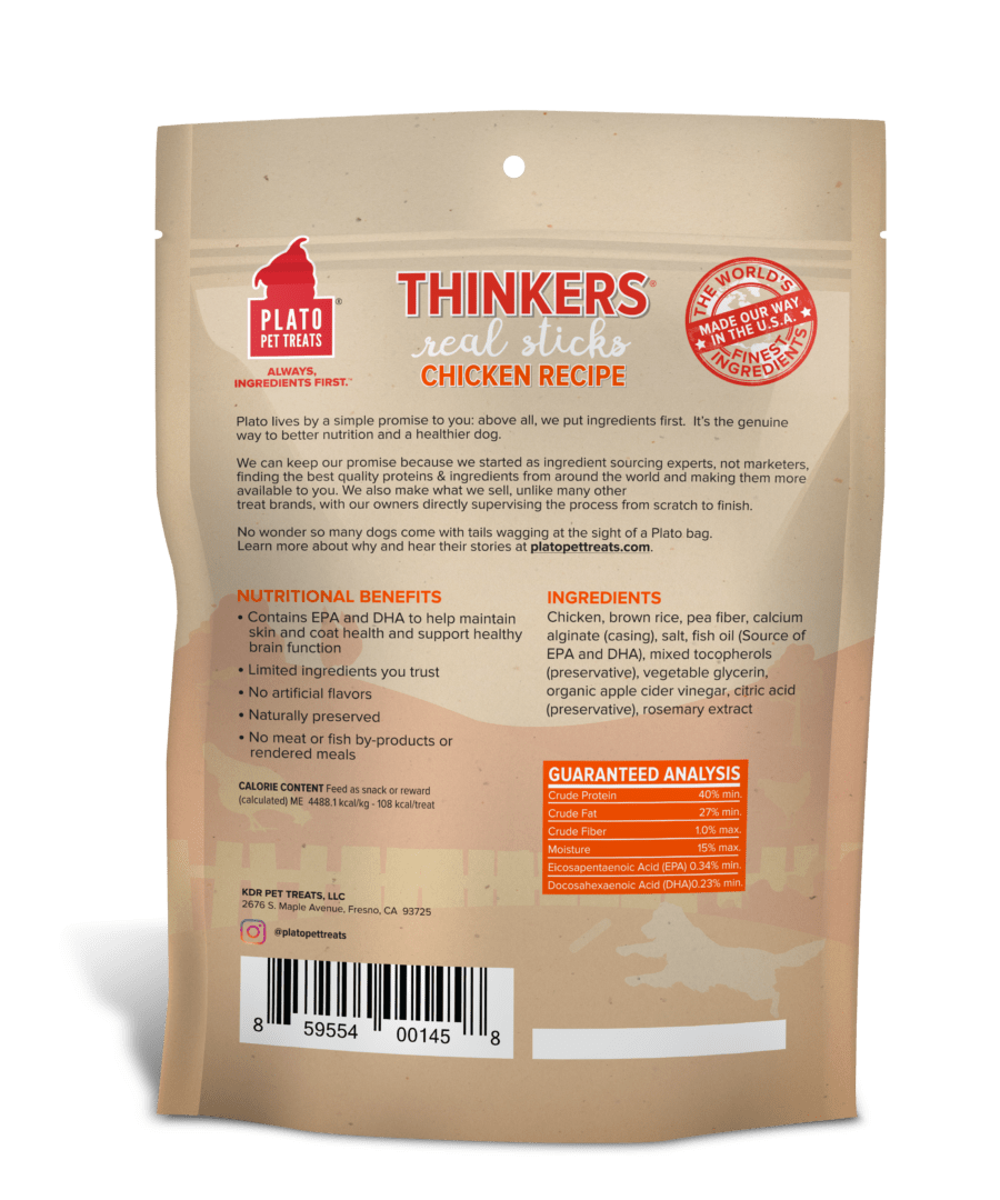 Plato Hundur's Thinkers Chicken Meat Stick Dog Treats 10oz, Back Pouch
